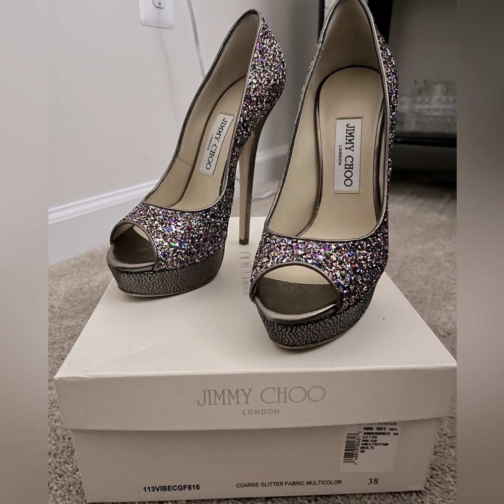 Jimmy Choo Crown Rainbow Glitter Platform, Peep Toe Pump